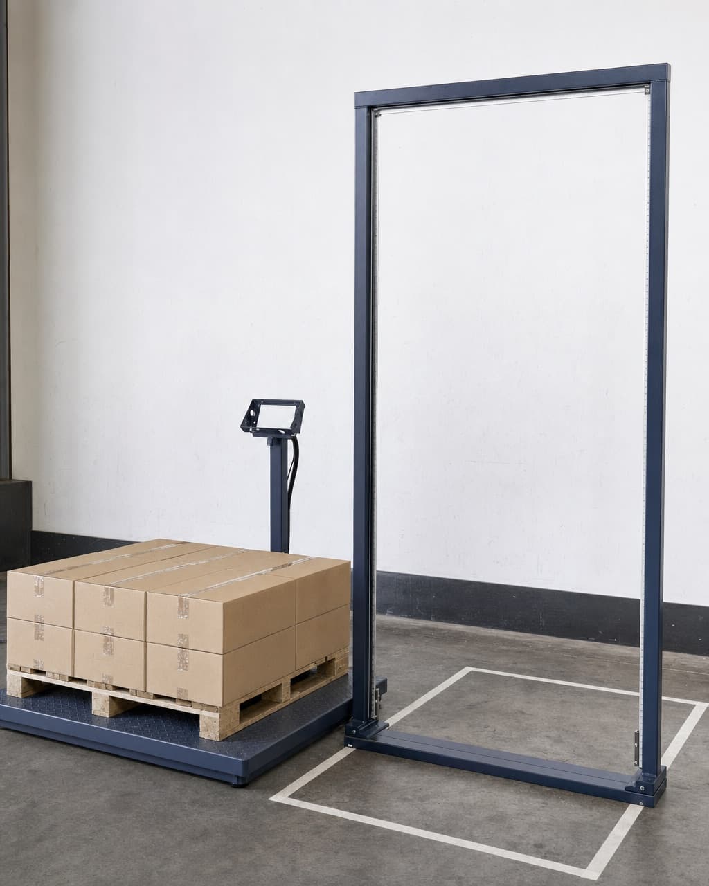A pallet on a floor scale beside a dimensioning frame in a shipping area with a tape outline on the concrete