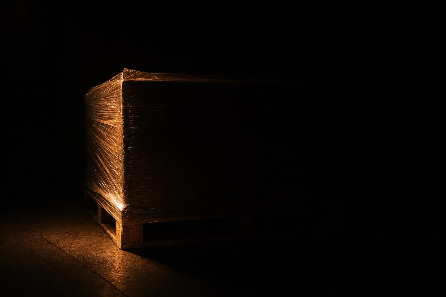 A shrink wrapped pallet on a warehouse floor lit by a single narrow beam catching one corner and the fork pockets